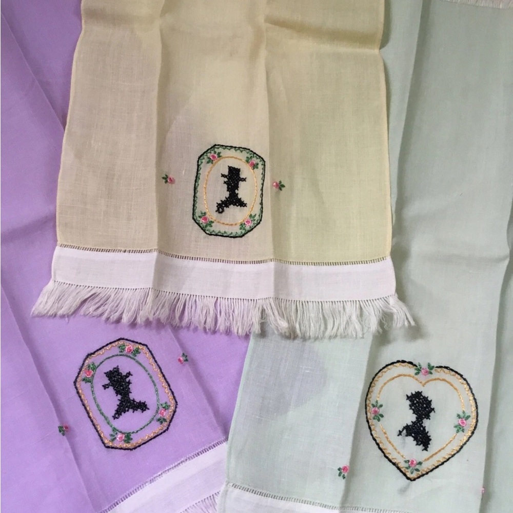 Vintage Silhouette Cross-Stitch Tea Hand Towels Pastel Linen